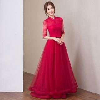 Stand-collar Elbow-sleeve Evening Dress