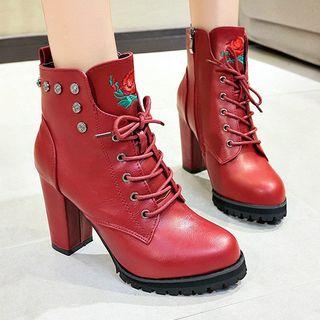 Block Heel Side Zip Lace-up Short Boots
