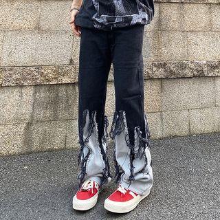 Fray Hem Two-tone Straight Leg Jeans