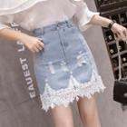 Lace-panel Fitted Denim Skirt