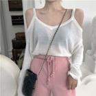 Plain Off-shoulder Long-sleeve Loose-fit Knit Top / High-waist Pants