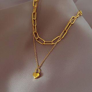 Heart Pendant Layered Stainless Steel Necklace Gold - One Size