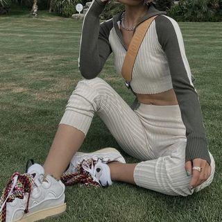 Set: Half-zip Two-tone Knit Crop Top + Leggings