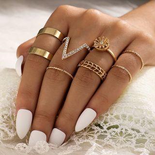 Set Of 7: Rhinestone / Alloy Ring (assorted Designs) 10031 - Gold - One Size