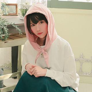 Bow-neck Letter-embroidered Hoodie White - One Size