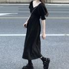 Short-sleeve V-neck Midi A-line Dress Black - One Size
