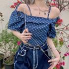 Off-shoulder Heart Printed Denim Cropped Top Denim - One Size