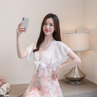 Open Front Short-sleeve Cropped Chiffon Jacket