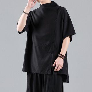 Short-sleeve Mock-neck Button-up T-shirt