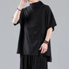 Short-sleeve Mock-neck Button-up T-shirt