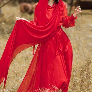 Set: Puff-sleeve Midi A-line Dress + Cape