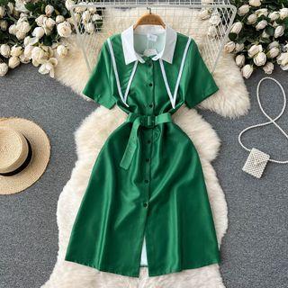 Short-sleeve Color Panel Collar Shirtdress