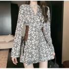 Long-sleeve Lace-up Print Dress