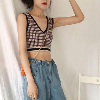 Grid Print Cropped Knit Tank Top As Shown In Figure - One Size
