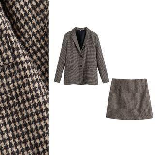 Single-breasted Houndstooth Blazer / Mini A-line Skirt / Set