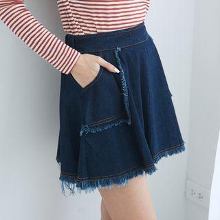 Fringed Trim Pocketed Denim A-line Skirt