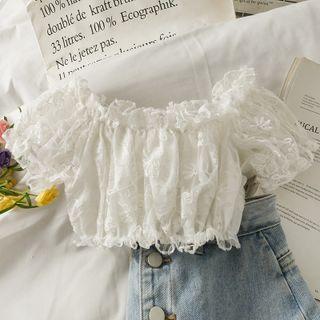 Boatneck Ruffle-trim Lace Crop Top White - One Size