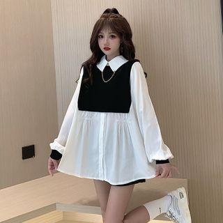 Long-sleeve Paneled Chain-accent Blouse White - One Size