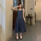 Strappy Denim A-line Dress Dark Blue - One Size