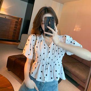 Puff-sleeve V-neck Polka Dot Blouse