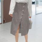High-waist Buttoned Plaid Midi Skirt