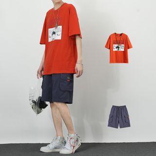 Set: Cartoon Print Elbow-sleeve T-shirt + Cargo Shorts