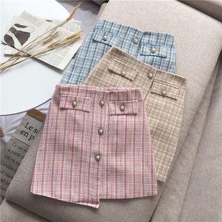 Faux Pearl Button Tweed Skirt