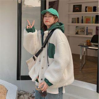 Mock Two-piece Oversized Fluffy Hooded Jacket White&green - One Size
