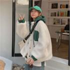 Mock Two-piece Oversized Fluffy Hooded Jacket White&green - One Size