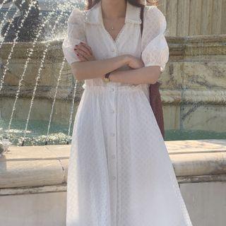 Puff Sleeve Argyle Midi Shirt Dress