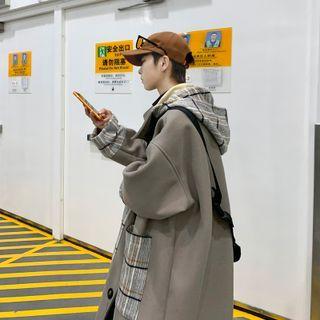 Plaid Panel Hooded Single-breasted Coat