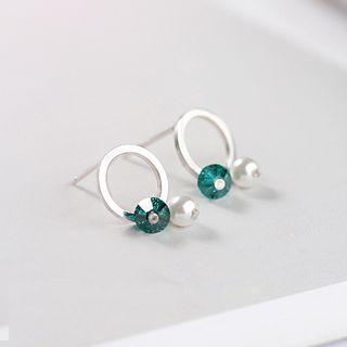 925 Sterling Silver Faux Pearl Rhinestone Earring 1 Pair - As Shown In Figure - One Size