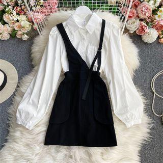 Set: Puff Long-sleeve Shirt + Asymmetric Strap Jumper Dress