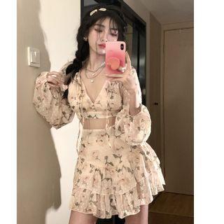 Balloon-sleeve Floral Blouse / Mini A-line Skirt