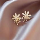 Faux Pearl Flower Stud Earring 1 Pair - Silver Needle Earring - Gold & White - One Size