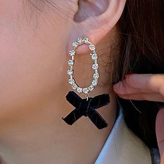 Rhinestone Bow Drop Earring 01# - Black Bow & Oval - Gold - One Size