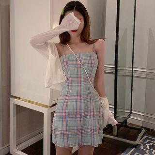 Plaid Spaghetti-strap A-line Mini Dress / Cropped Cardigan