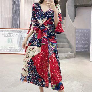3/4-sleeve Print Wrap-front Midi Chiffon Dress