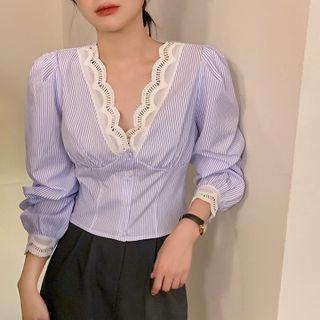 Puff Sleeve V-neck Lace Trim Striped Cropped Blouse