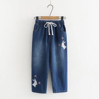 Embroidered Rabbit Wide Leg Jeans