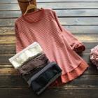 Long-sleeve Lace Trim Striped T-shirt