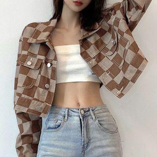 Checkerboard Pattern Denim Cropped Jacket