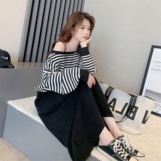 Set: Striped Sweater + Spaghetti Strap Midi A-line Dress