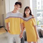 Couple Matching Striped Color Panel Short Sleeve T-shirt / Cut Out Shoulder Short Sleeve Dress