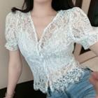 Buttoned Puff-sleeve Lace Blouse
