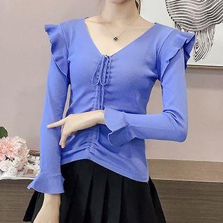 V-neck Bow Long-sleeve Knit Top