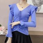 V-neck Bow Long-sleeve Knit Top