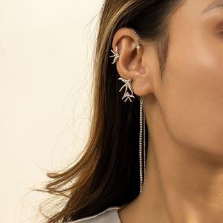 Bird Rhinestone Fringed Alloy Cuff Earring 2608 - 1 Pc - Silver - One Size