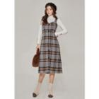 Sweetheart-neck Buttoned Plaid Midi Pinafore Dress