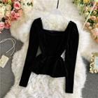 Square-neck Puff Sleeve Velvet Blouse